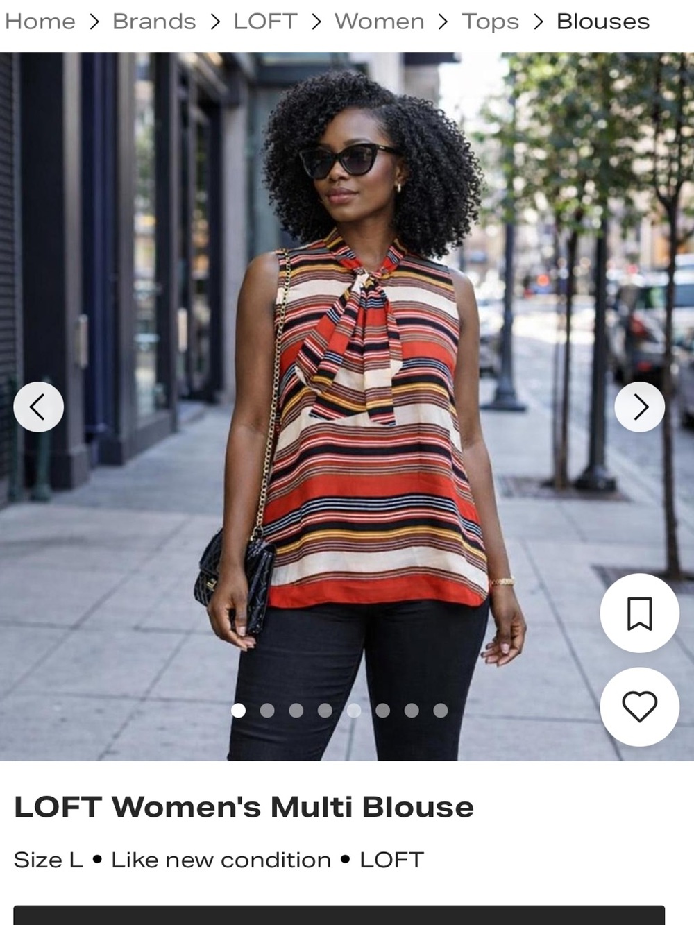 LOFT Striped Tie-Neck Sleeveless Blouse in Red, Cream & Black
